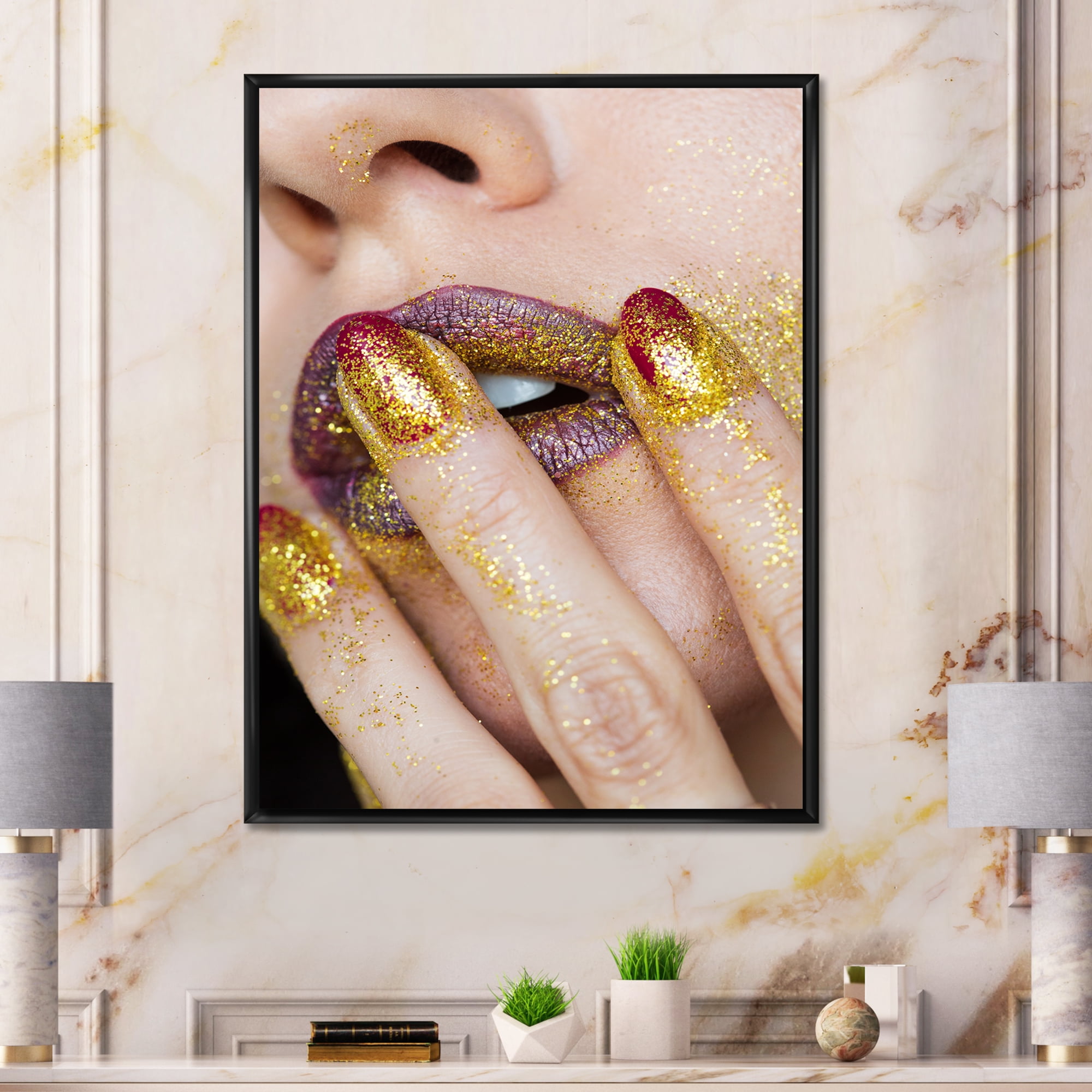 Designart 'Close-Up Of Woman Golden Gold Glitter Lipstick' Modern Framed Canvas Wall Art Print