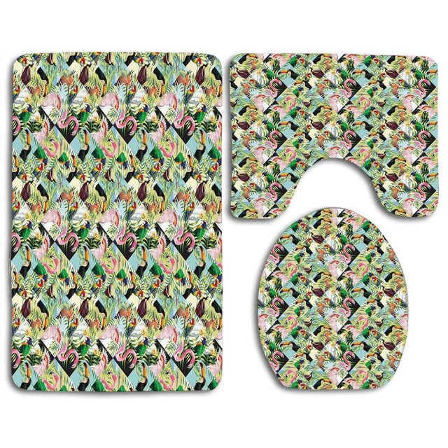 ABPHQTO Luau Tropical Clima Vida Silvestre Inspirado En La Selva Estilo Patchwork Pájaros Loro Juego de alfombras de baño de 3 piezas Alfombra de baño Alfombra de contorno y tapa de inodoro
