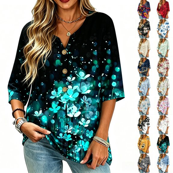 Asgosdo Women Tops Shirts 3/4 Sleeve Notched V Neck Black Base Teal Glow Floral Bokeh Print Loose Flowy Decorative Button Casual Blouses Four Season Womens Tops