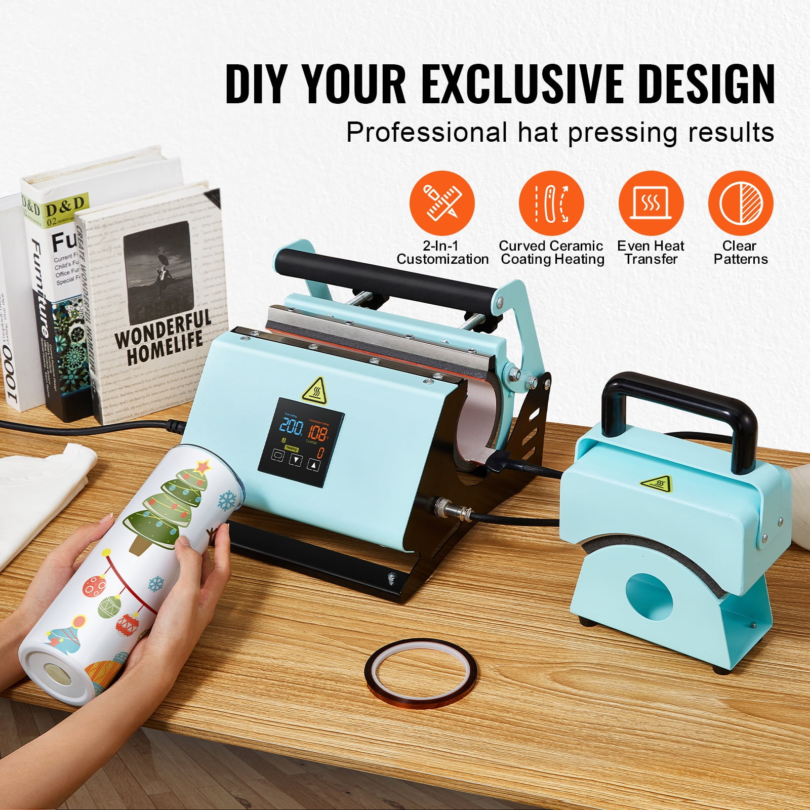 SKYSHALO Dual-Function Heat Press, Compact Design for Caps, Hats, 11-30oz Tumblers & Mugs, Adjustable Temp & Timer, Green