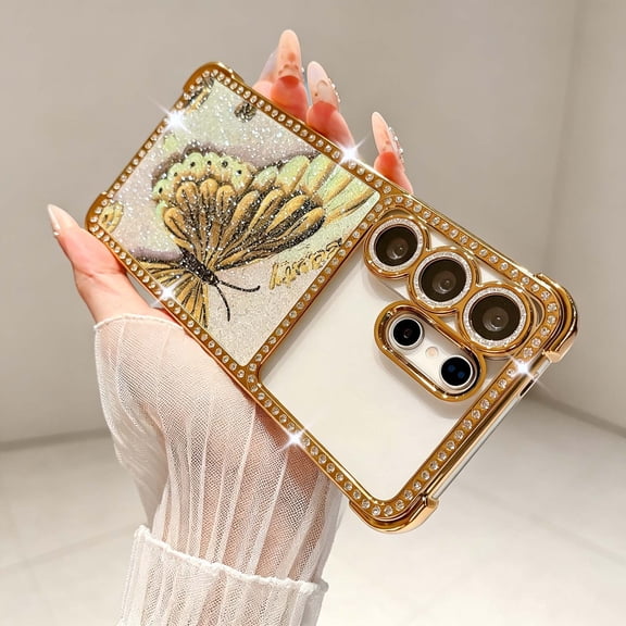 For Samsung Galaxy S26 Ultra Phone Case,Cute Luxury Bling Glitter Butterfly Print Back,Sparkly Shiny Diamond Back Frame Design,For Women Girls,Shockproof Non-Slip Anti-Scratch Phone Case,Gold
