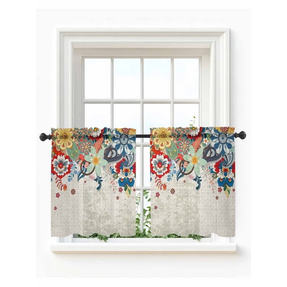 Boho Flowers Tier Curtains 36 Inch Length,Sheer Curtains for Bedroom Living Room Window Abstract Ethnic Vintage Bohemian Floral Rod Pocket Drapes Kitchen Curtains Small Half Window 27.5"x36" 2 Panels
