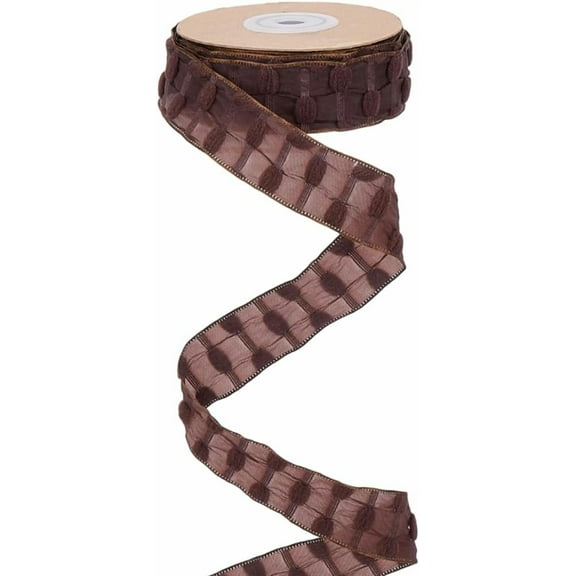 Pleated Chiffon Ribbon 10 Yards x 25mm Wired Edge Crinkle Ribbon with Plush Dots Coconut Brown Polyester Fabric Lace Trim for DIY Sewing Crafts Gift Wrapping Wedding Bouquets Making