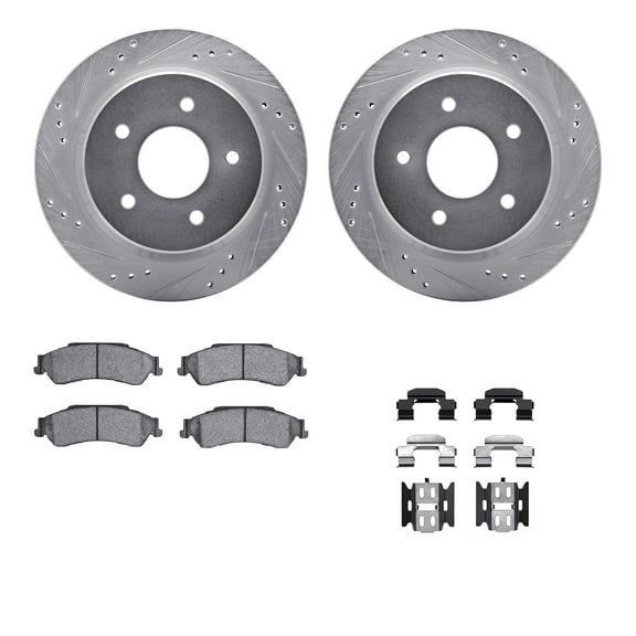 Dynamic Friction Company Rear Brake Rotors-Drilled and Slotted-Silver with Heavy Duty Brake Pads includes Hardware 7212-48003