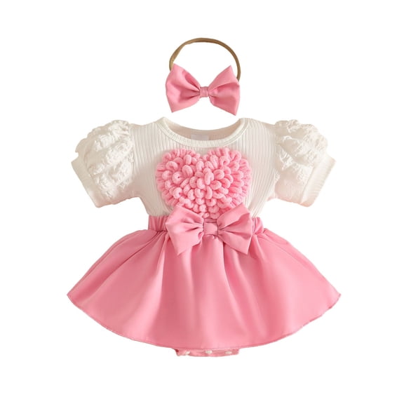 TBWNWG Valentine's Day Baby Girl Outfit 3D Heart Sleeve Bow Tie Romper Jumpsuit Dress With Headband for Toddler Photography,Sizes 0-3 Months