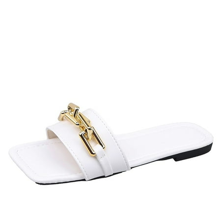 

Women s Slippers 2022 Summer Transparent Chain Luxury Square Head Flat Heel Female plus size outdoor beach women slides Sandals