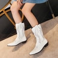 thumbnail image 3 of Embroidery Cowboy Boots for Women White Black Leather Mid Calf Chunky Heel Pointed Toe Pull on Long Booties, 3 of 7