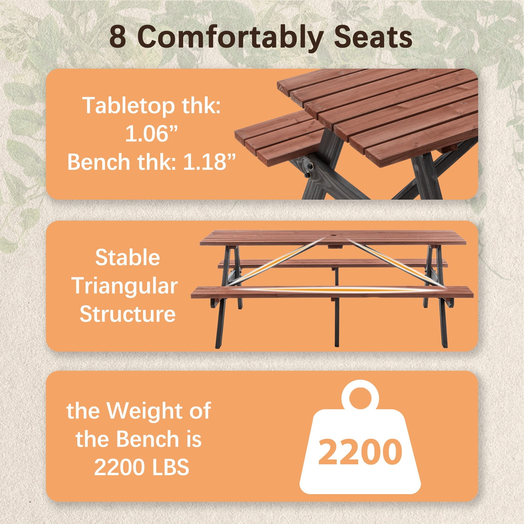 DEALTOPS 75" Two-Tone Wooden Picnic Table Seats 8, 2200lb Heavy Duty Outdoor Dining Set, Black & Brown