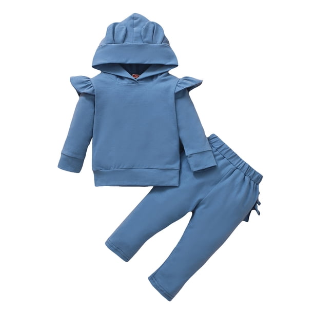 Gibobby Sudadera con capucha y pantalones para niños Tops de manga para bebés conjuntos de volantes, conjuntos para niñas pequeñas, pantalones de con orejas(Azul,12-18 Meses)