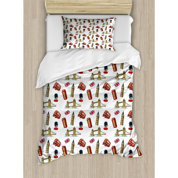 London Duvet Cover Set, Big Ben Tower Bridge Royal Guard Telephone