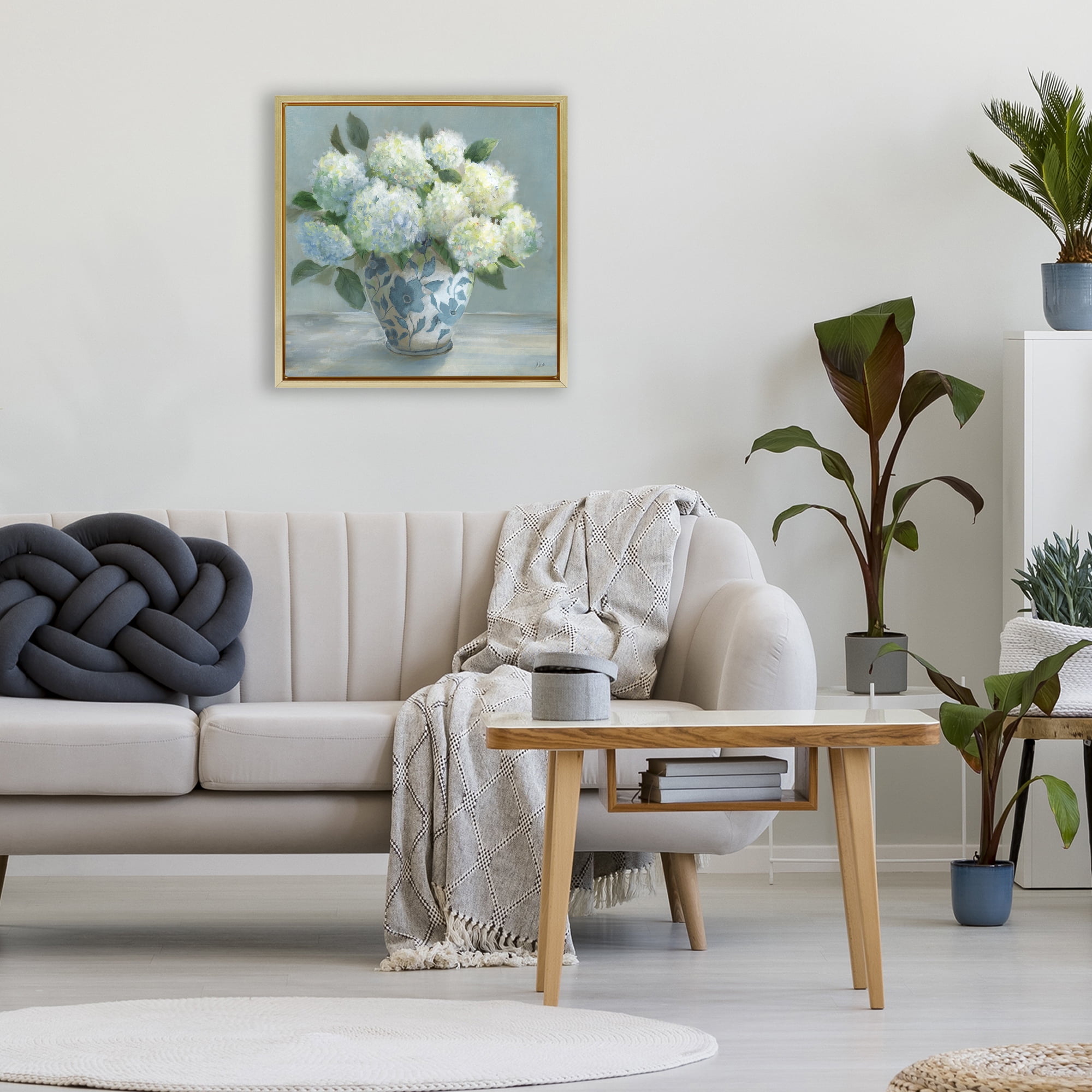 Stupell Industries Hydrangeas in Elegant Vase Gold Framed Floater Canvas Wall Art, design by Nan