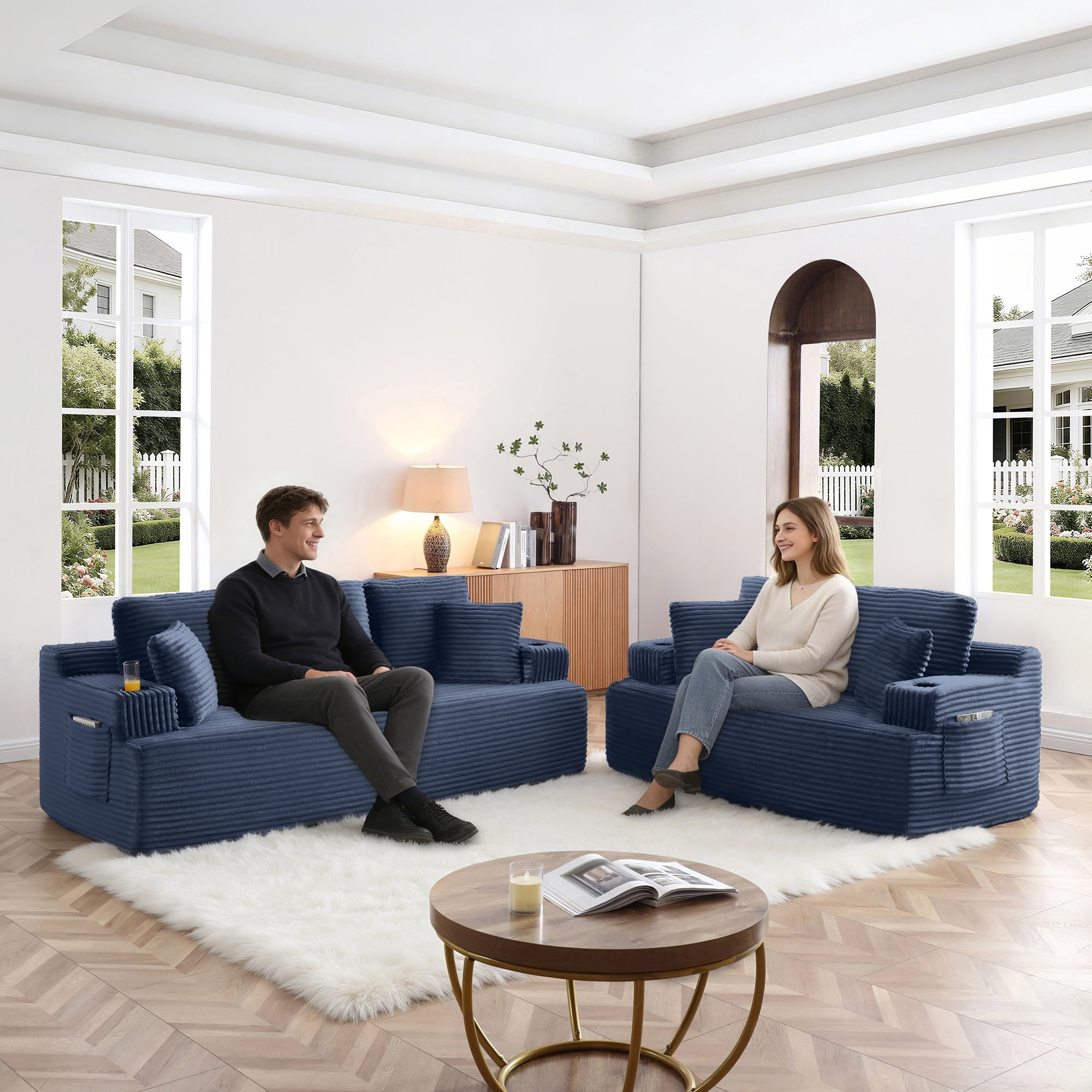 Boneless Sofa, 3-Seater Floor Couch with Cup Holders and Side Pockets, Corduroy Fabric No Assembly Sofa for Living Room or Dorm, 86.2 Inch, Blue