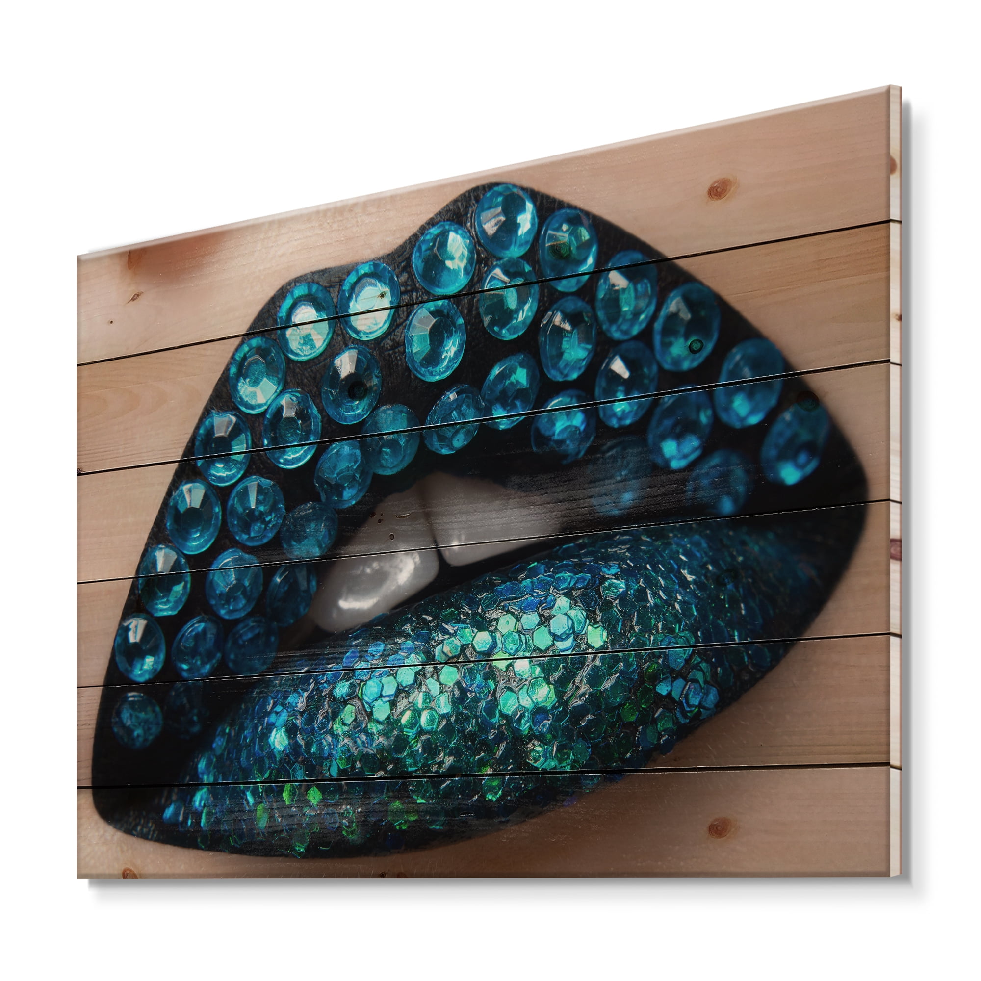 Designart 'Woman Lips With Black Lipstick Blue Diamonds' Modern Print on Natural Pine Wood