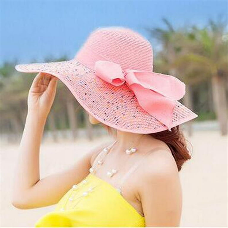 Sun Hat Women Colorful Big Brim Straw Bow Hat Sun Floppy Wide Brim Hats  Beach Cap Hats For Women Straw Pink