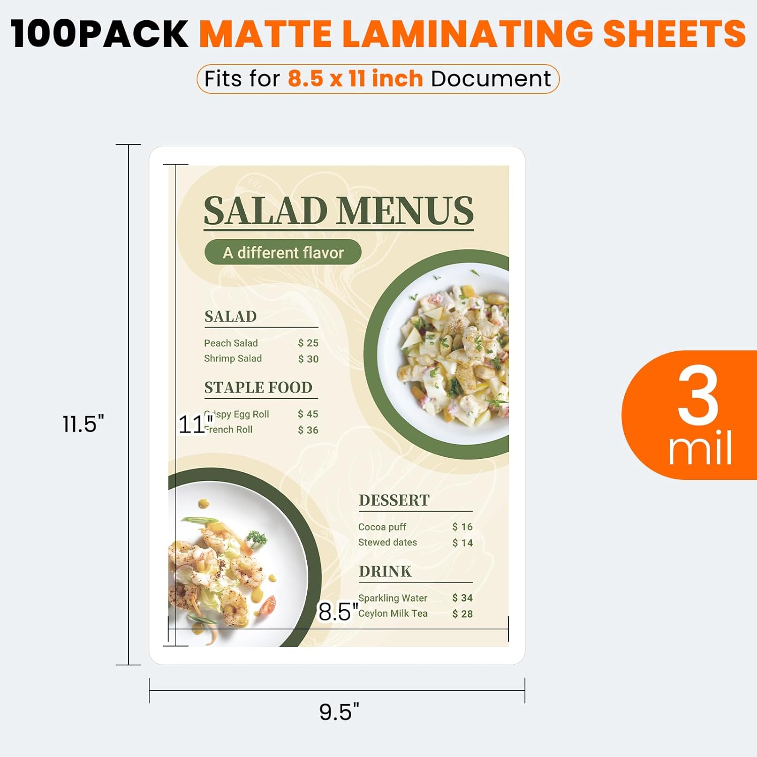 Matte Laminating Sheets,100 Pack 9 x 11.5 Inches,3 Mil Thick,Ultra Clear with Matte Finish, Fitted for Letter Size Thermal Laminating Pouches 8.5 x 11