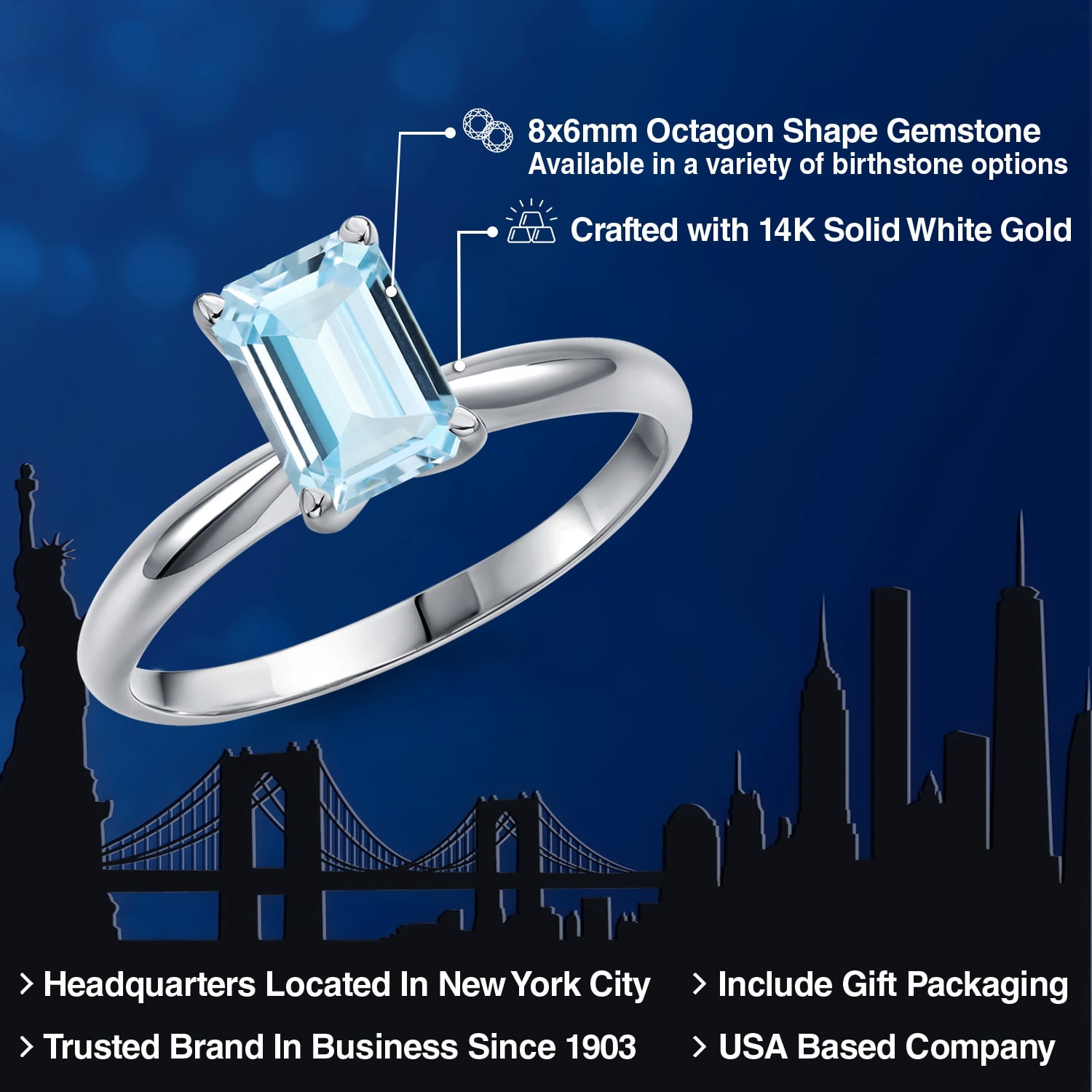 Gem Stone King 14K White Gold Sky Blue Aquamarine Solitaire Engagement Ring for Women | 1.40 Cttw | Octagon 8X6MM | Gemstone March Birthstone | Size 7