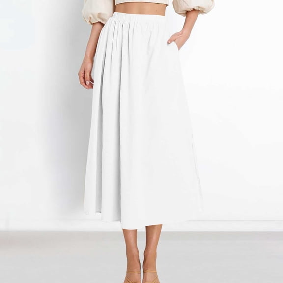 Daiosportswear Women Trendy Maxi Skirts High Waisted Elastic A-Line Long Skirt with Pockets White XL(XL)