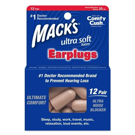 Mack's Ultra Soft Foam Earplugs, 12 Pair - 33dB Highest NRR, Comfortable Ear Plugs for Sleeping, Snoring, Travel, Concerts, Studying, Loud Noise, Work