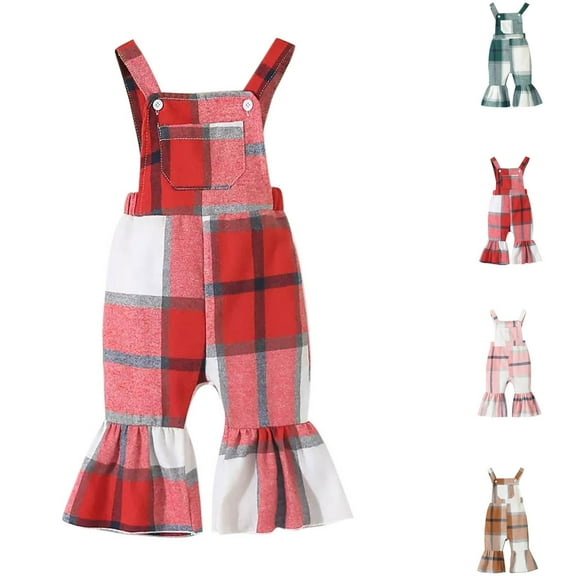Hinvhai Kids Toddler Baby Girls Christmas Romper Clearance Sleeveless Strap Plaid Jumpsuit Backless Bell-buttom Pants Red 18 Months