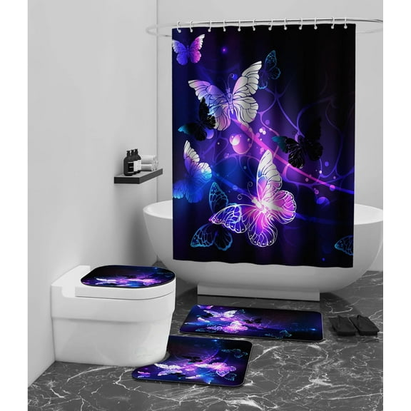 4PCS Purple Shine Butterfly Floral Bathroom Shower Curtain Sets with RugsToilet Lid Pad Cover and Bath