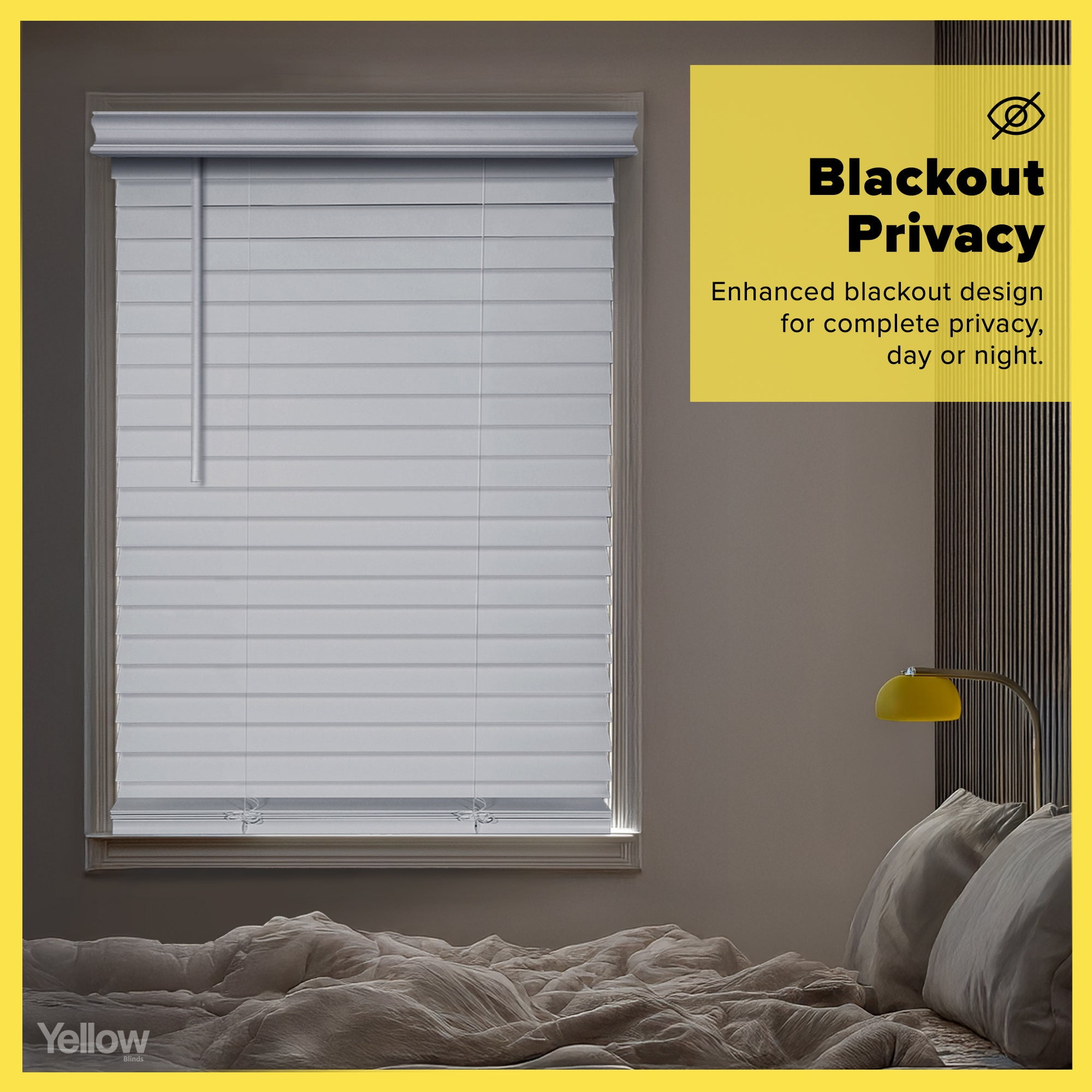 Yellow Blinds Cordless Blackout 2" Inch Faux Wood Blinds with Laguna Valance | No-Hole Slats Design | Moisture-Resistant | Room Darkening | 65.75" W x 48" L