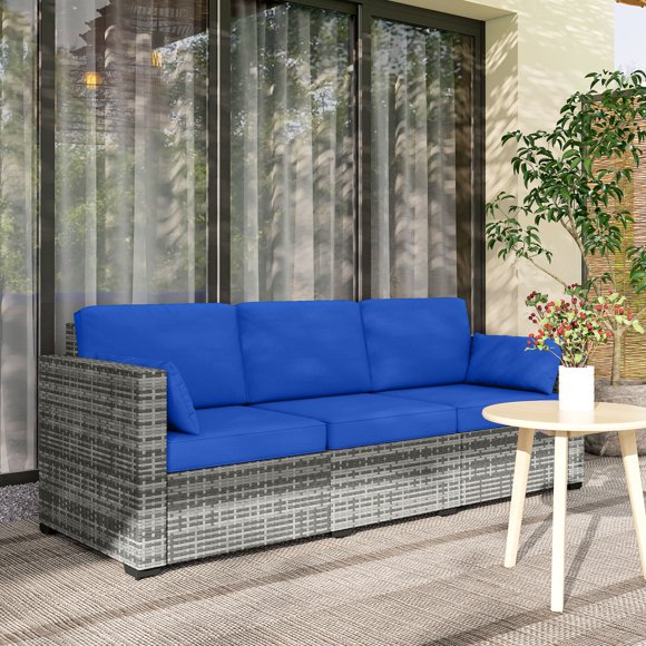 Blue/Grey Galvanized Steel PE Rattan Outdoor Sofa - 78.7" Patio Furniture with Water-Resistant Cushions & UV-Resistant Polyester Fabric for Deck, Balcony & Garden Use
