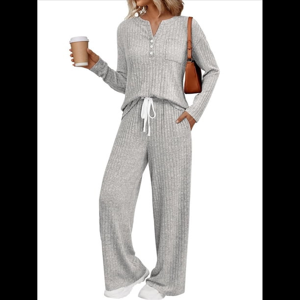 Conjuntos de Dos Piezas para Mujer, Suéter de Cuello Henley de Otoño, Chándal A Juego, Pijamas Cómodos con Bolsillos Gris XL