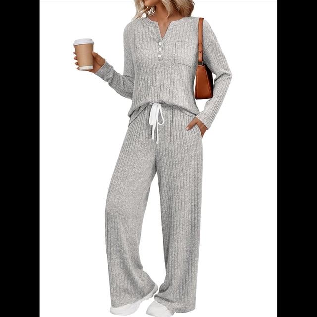 Conjuntos de Dos Piezas para Mujer, Suéter de Cuello Henley de Otoño, Chándal A Juego, Pijamas Cómodos con Bolsillos Gris M
