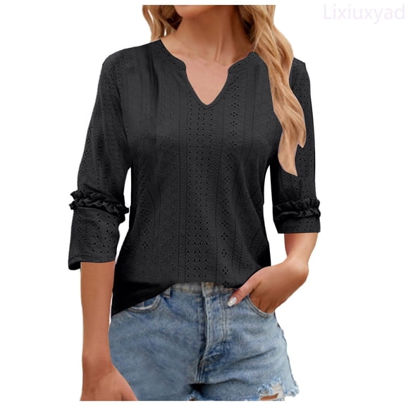 Lixiuxyad Spring And Summer V Neck Lace Three Quarter Sleeve Loose Top T Shirt For Women Summer Tee Shirts,Black L