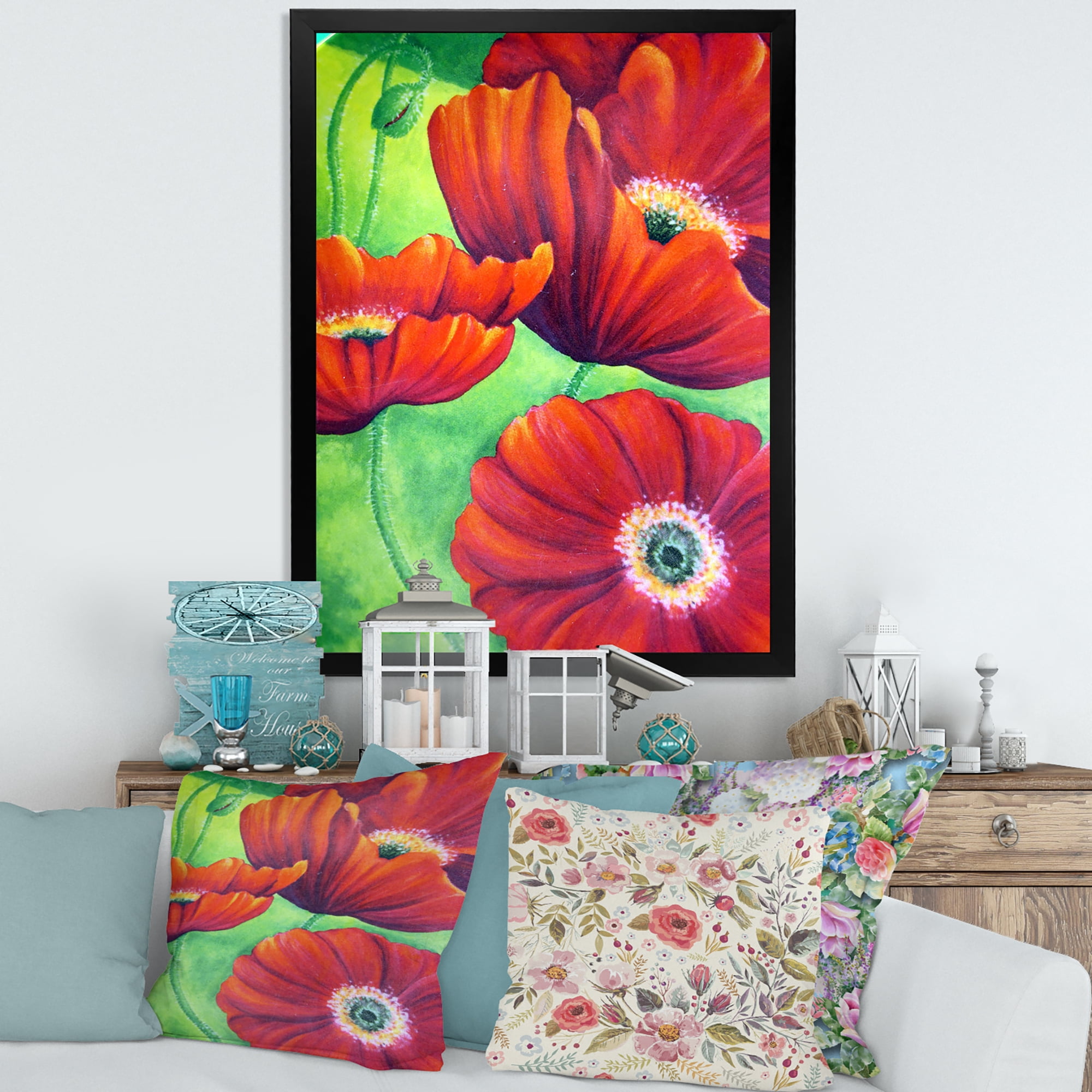 Designart 'Red Blossoming Poppies Over Wild Green V' Traditional Framed Art Print