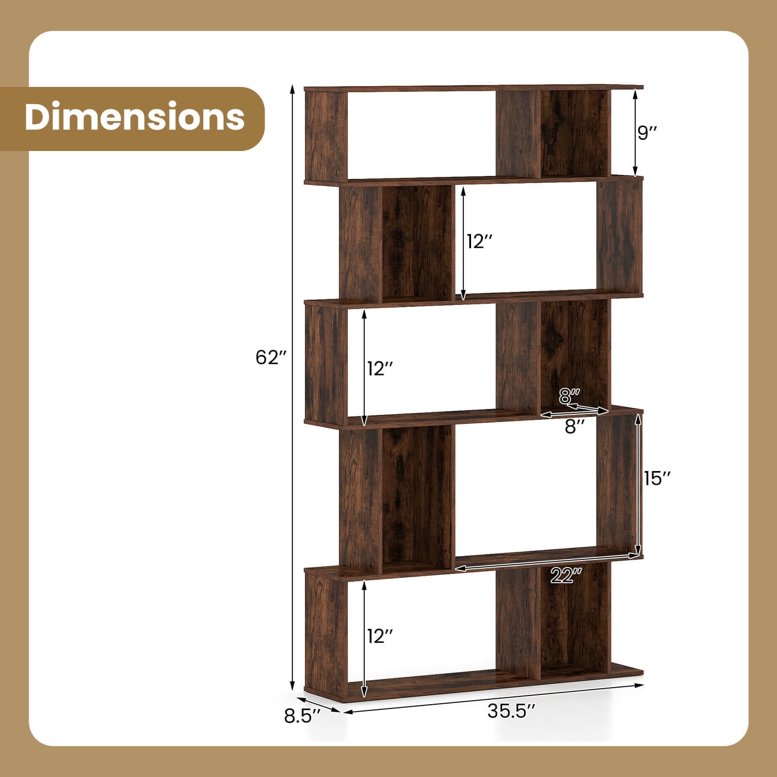Costway 2 PCS 5-Tier Geometric Bookshelf with Open Shelves Closed-back Cubes for Living Room Rustic Brown