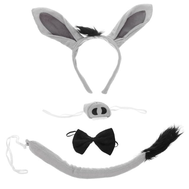 BRIGHTFUFU 1 juego de adorables diademas con orejas de burro para niños, accesorio de disfraz de Halloween, accesorio para disfraz de burro, diadema para nariz, pajarita y cola