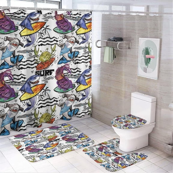 Nautical Ocean Wildlife Shark 4 Pieces Shower Curtain Set,Cool Undersea Animals Sharks Fish Coral Non-Slip Rugs Toilet Lid Cover Bath Mat and Bathroom Curtain