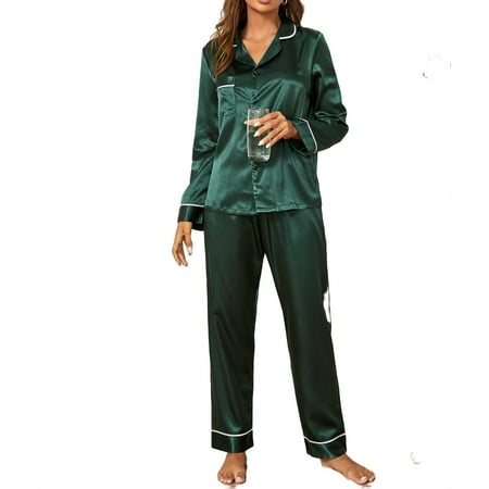 

Womens Pajama Sets Button Front Lapel Sleepwear Dark Green M