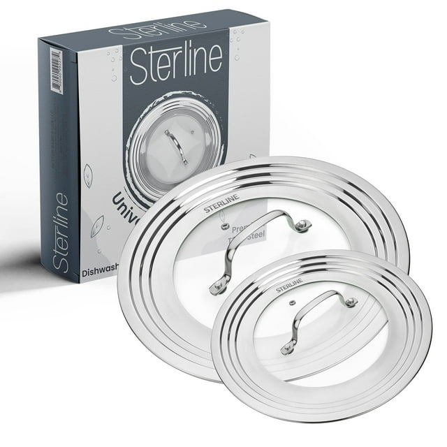 Sterline Universal Lids Set with Tempered Glass Top - Fits 5-12 Inch Pots, Pan, and Skillets - Set of 2, Large and Small, Stainless Steel Replacement Pot Lid for Kitchen Organizing, Spa