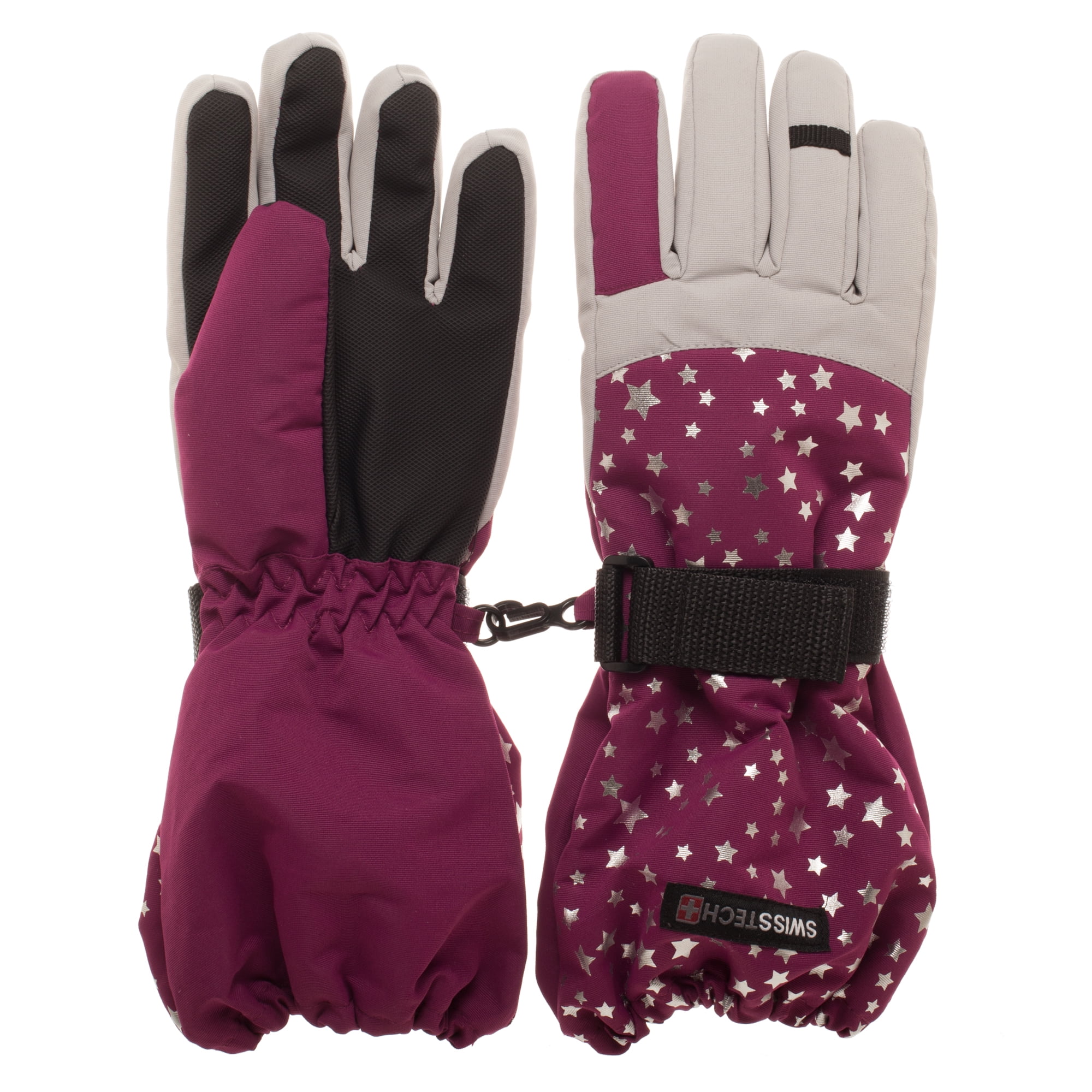 Swiss Tech Youth Berry and Silver Waterproof Ski Gloves with Reflective