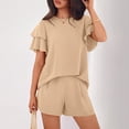 thumbnail image 3 of Two Piece Sets for Women 2026 Spring Summer Ruffle Sleeve Lounge Matching Shorts Set Casual Beach Vacation Clothes Beige S, 3 of 7