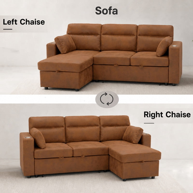 82.5" L-Shaped Convertible Sleeper Sofa, Pull-Out Sectional Sofa Bed with Storage Chaise, Cup Holders & 2 Lumbar Pillows, Modern Sofa Couch for Living Room, Apartment