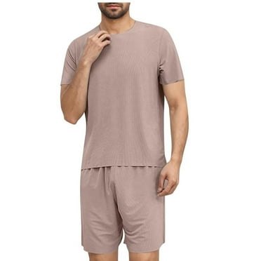 Dagegui 2 Pieces Mens Pajamas Sets Ice Silk Crewneck Short Sleeve Shirts and Shorts Match Set Solid Casual Loose Fit Sleepwear Outfits Summer Pjs on Clearance ZAA Brown,3XL