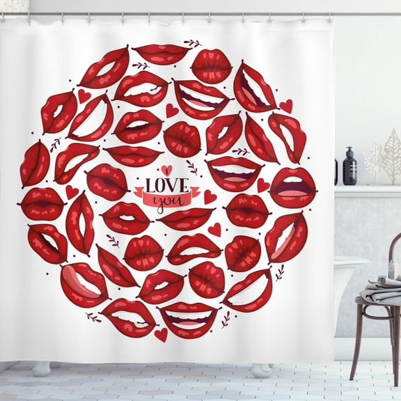 Ambesonne Kissing Shower Curtain, Multitude Reddish Lip Print, 69"Wx75"L, Ruby and White