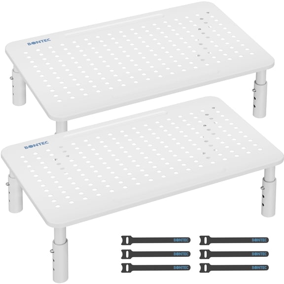BONTEC 2PCS Monitor Stand Riser with 3 Height Adjustable with Pen Holder, Cable Management and Mesh Platform for Laptop, Computer, Printer (White, 2 Pack )