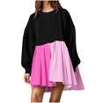 thumbnail image 1 of cfhntfmh Womens Fall Dresses Long Sleeve Crewneck Patchwork Dresses Loose Pleated Color Block Beach Mini Dress, 1 of 6