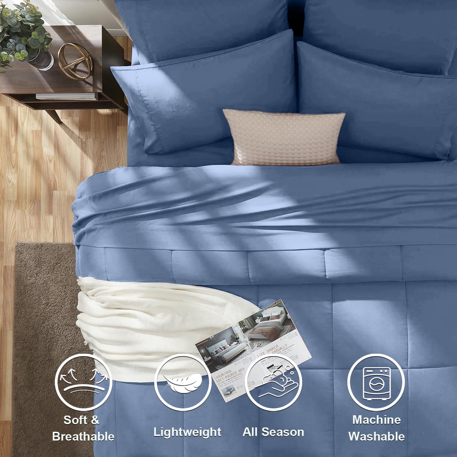 Flymme Full Size Comforter Sets with Sheets Blue Bed in a Bag Full Bed Sets 7 Pieces Modern Soft Microfiber Complete Bedding Sets for Women Man