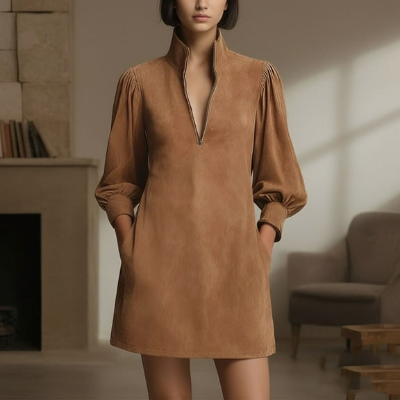 Elvqul Womens Dresses Long Sleeve V Neck Dresses for Women Plus Size Solid Pullover Short Dresses with Pockets Khaki Elegant