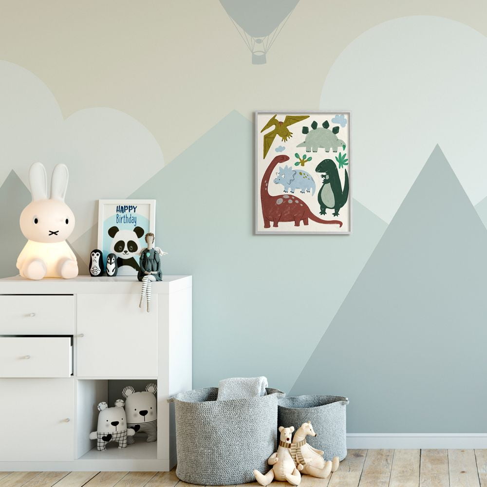 Stupell Industries Colorful Cartoon Dinosaur Friends Kid's Science Illustration Framed Wall Art Design by Daphne Polselli, 16" x 20", Gray Framed