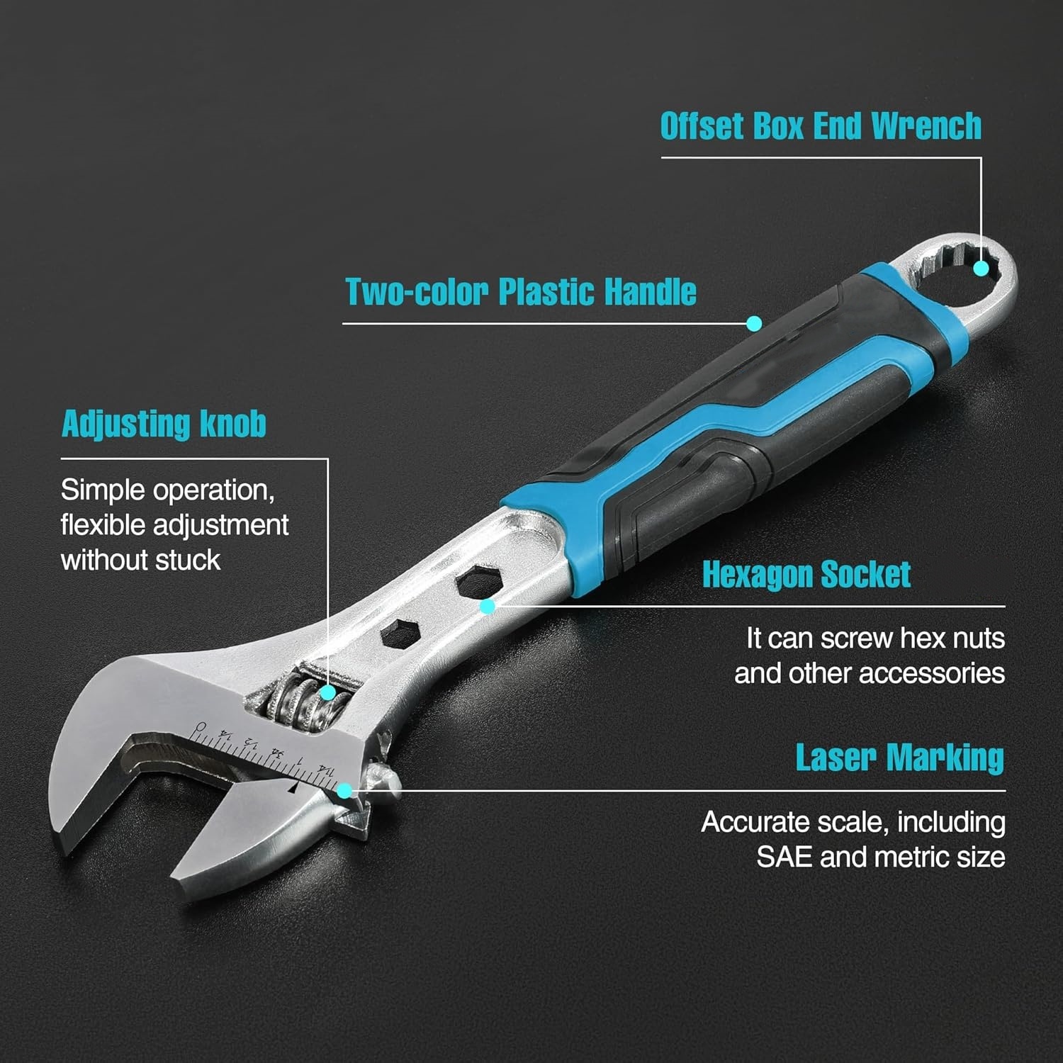 4-Piece Adjustable Wrench Set, 6-inch, 8-inch, 10-inch, 12-inch, 3-in-1 Spanner with Box End/Hex Function, CR-V Steel, Chrome-plated, Bi-material soft Grip, with Rolling Bag