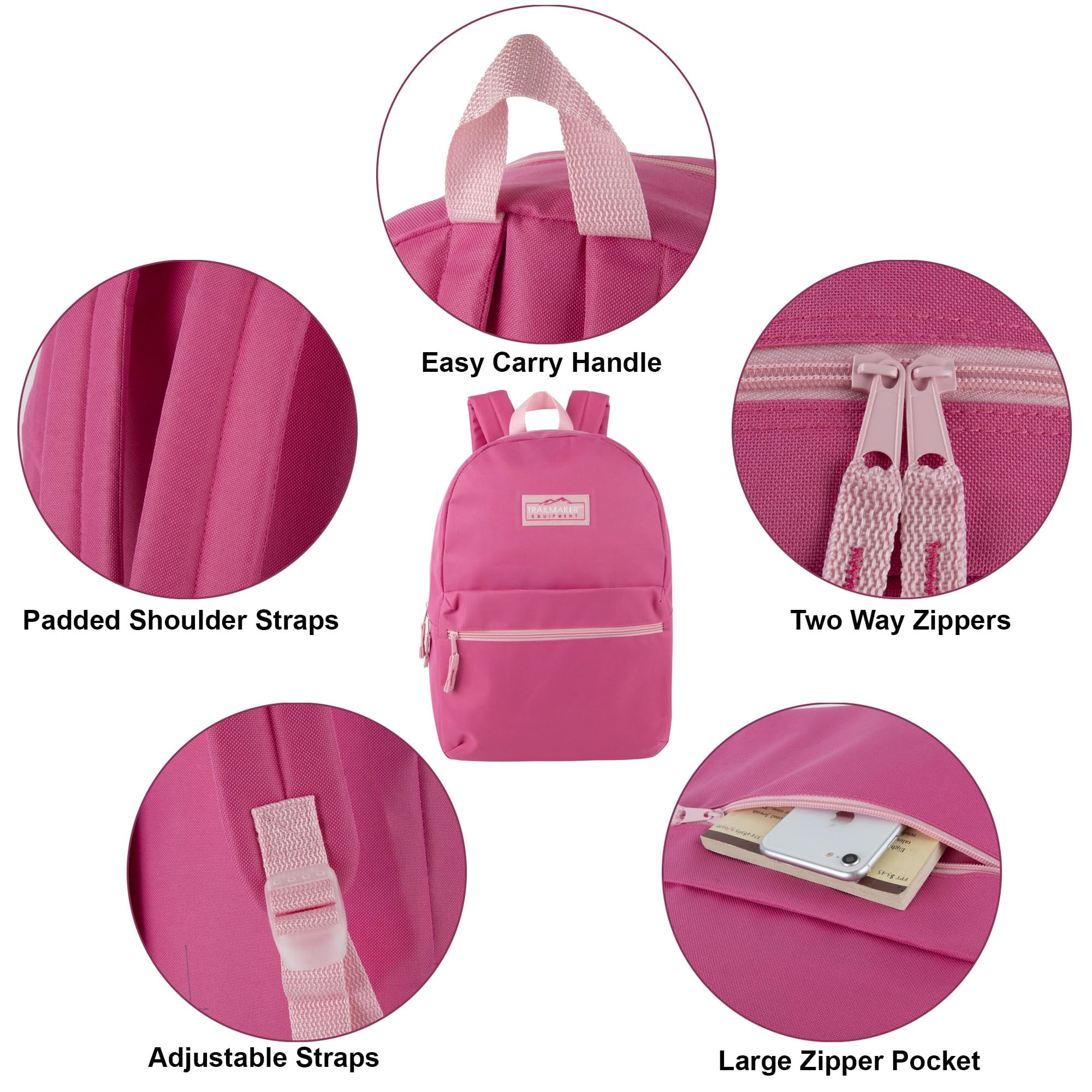 Trail Maker 24 Pack of Bulk Wholesale Basic and Classic 17 Inch Backpacks with Front Accessory Pocket and Dual Zipper Closure for Travel & Commuting in Assorted Womens 4 Color Pack