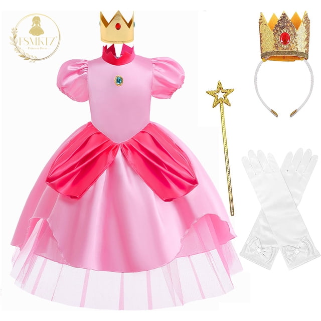FSMKTZ Disfraz De Vestido De Princesa Para Niñas Super Peach Cosplay Disfraces Para Niños Con Corona Fiesta De Cumpleaños De Halloween 3-10 Años SMR053