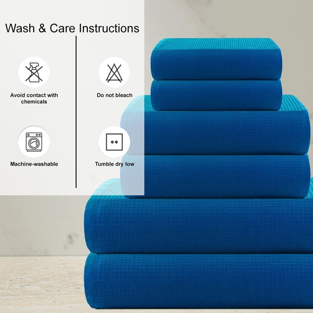 CASA COPENHAGEN Waffle Towel, 6Pieces 100% Cotton Large Towel Set- Electric Blue, 2Bath 2Hand 2Washcloths Instant Absorb and Dry, Soft Strong Towels for Hotel Spa Kitchen Bathroom & Shower