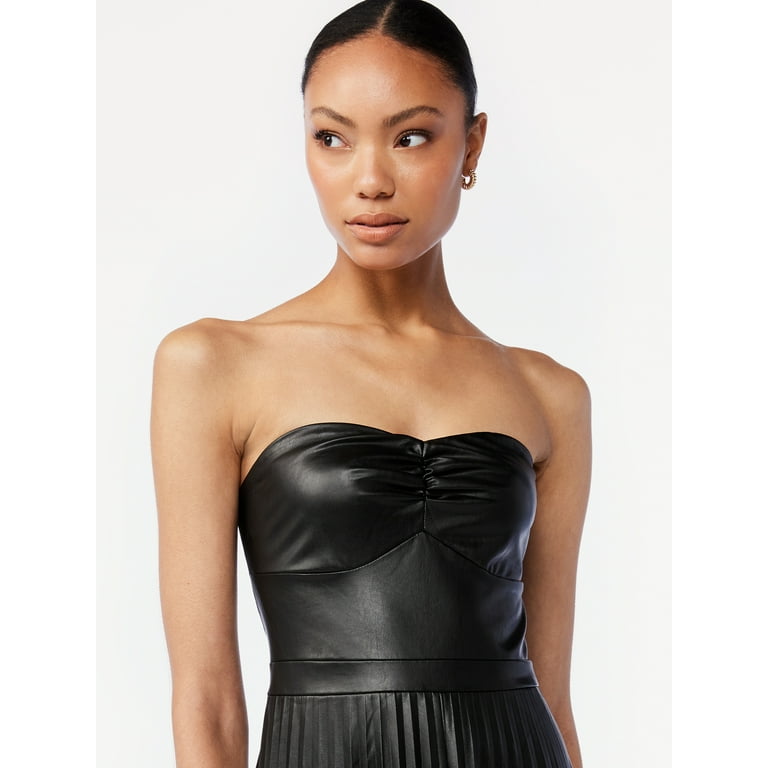 Scoop Women s Faux Leather Strapless Pleated Midi Dress Walmart